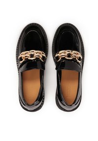 Black patent leather loafers with a chunky gold chain accent. Rounded toe design and textured black rubber sole. Smooth interior.