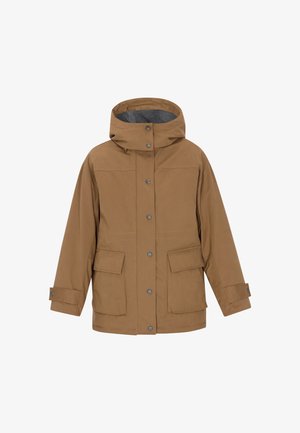 Brūns ūdensnecaurlaidīgs jaka ar kapuci, ar spiedpogām, divām priekšējām kabatām un gludu tekstūru. Minimalistisks dizains ar kontrastējošām šuvēm.