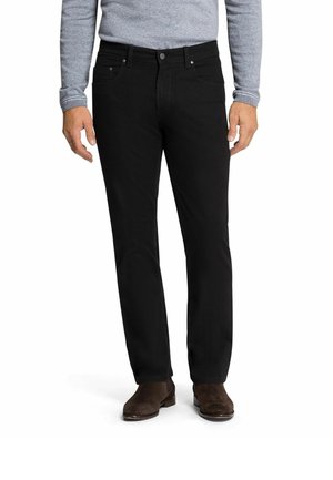 Black denim trousers with a straight-leg cut, five-pocket design, and a metal button closure, paired with brown suede boots.