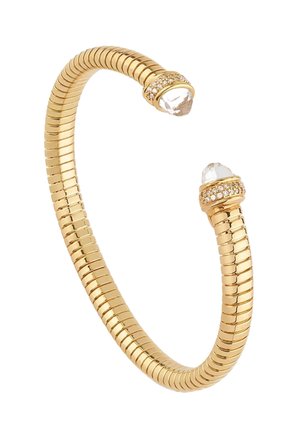 Gold-tone cuff bracelet with a coiled design, featuring clear crystal accents at both ends and small round gemstone detailing.