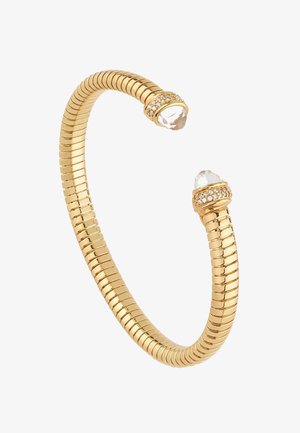 Bransoletka w kolorze złotym z cewkowym wzorem, z przezroczystymi akcentami kryształowymi na obu końcach oraz małymi okrągłymi detalami z kamieni szlachetnych.