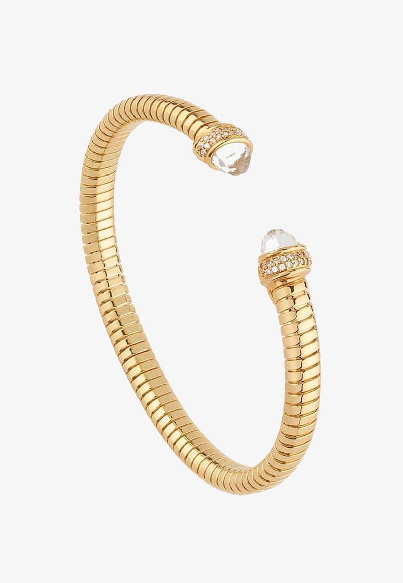 Bracciale rigido dorato con un design a spirale, caratterizzato da accenti in cristallo trasparente alle due estremità e dettagli in piccole gemme rotonde.