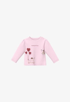 Roze babyshirt met lange mouwen, versierd met speelse hondenillustraties, ballonnen in hartvorm en de tekst "laten we verstoppertje spelen" op de voorkant.