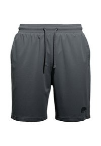 Grijze sportshorts van zacht, lichtgewicht materiaal met een elastische tailleband en trekkoord. Bevat zijzakken en een berenlogo.