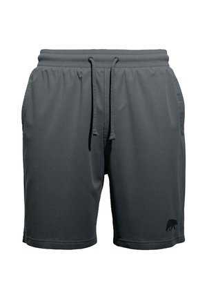 Grijze sportshorts van zacht, lichtgewicht materiaal met een elastische tailleband en trekkoord. Bevat zijzakken en een berenlogo.