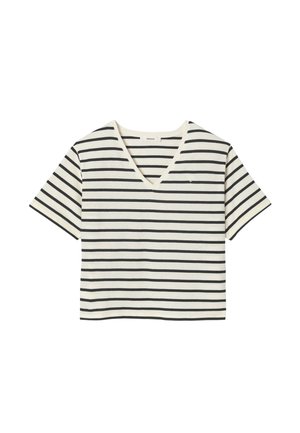 Chemise blanche à manches courtes avec des rayures noires horizontales et un col en V, étalée à plat sur un fond blanc.