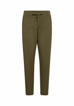 Olive green sweatpants made of soft fabric, featuring an elastic waistband with a drawstring and tapered legs. No pockets visible.