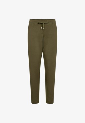 Oliivrohelised dressipüksid pehmest riidest, elastse vöökoha ja stringiga, kitsenevate jalgadega. Taskud pole nähtavad.