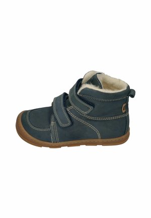 Blue high-top children's shoe with two Velcro straps, white stitching, brown sole, and soft beige fleece lining.