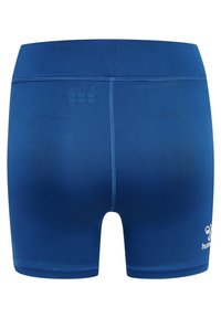 Shorts sportivi blu con una superficie liscia, cintura elastica e logo sul lato inferiore destro. Presentano cuciture flatlock per una maggiore durata.