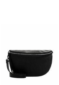 Borsa in pelle nera con forma arrotondata, chiusura con zip, tracolla regolabile e delicate marche in rilievo sul fronte. Texture liscia.