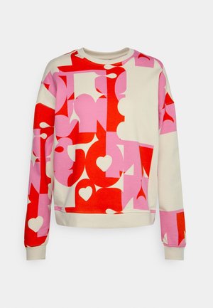 Felpa girocollo con forme astratte rosse e rosa e motivi a forma di cuore su uno sfondo beige chiaro, maniche lunghe e polsini a costine.