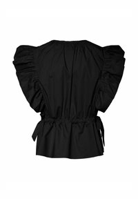 Svart topp med puffermet ermer og innsnevret midje. Har elastisk utringning og knyting på sidene. Glatt tekstur, lett materiale.