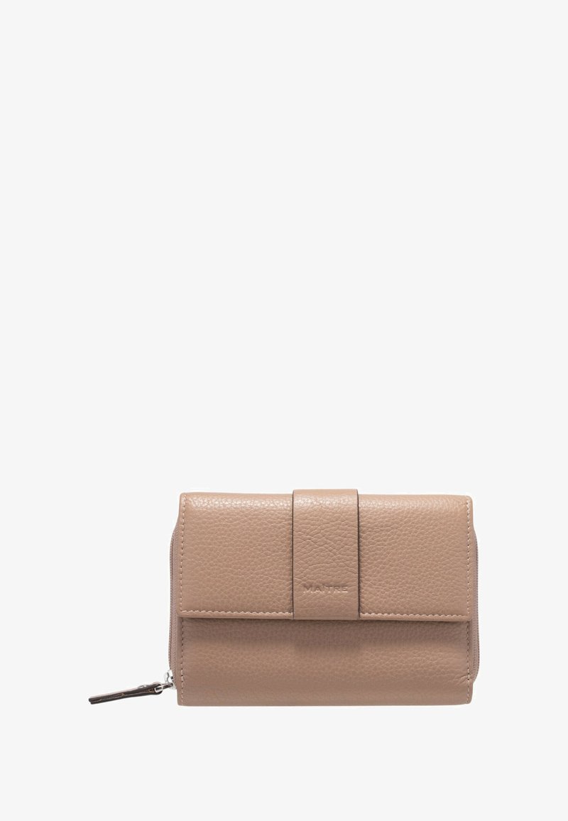 Beige leren portemonnee, met een gestructureerd oppervlak, rechthoekige vorm, klep-sluiting en een metalen ritssluiting aan de zijkant.