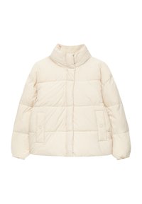 Giacca a vento in beige chiaro, con un colletto alto, design trapuntato, due tasche frontali e una silhouette leggermente cropped.