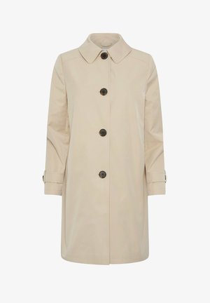 Beiger knielanger Trenchcoat mit großen dunklen Knöpfen, spitzem Kragen und verstellbaren Riemen an den Ärmeln, dargestellt auf weißem Hintergrund.