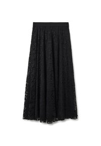 Falda midi de encaje negro con una amplia cintura elástica, que presenta una silueta fluida y patrones florales intrincados. Superposición de encaje texturizado.