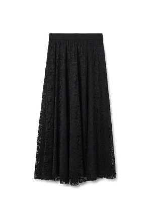 Jupe midi en dentelle noire avec une large ceinture élastique, arborant une silhouette fluide et des motifs floraux complexes. Superposition en dentelle texturée.