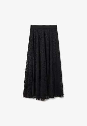 Gonna midi nera in pizzo con una cintura elastica ampia, caratterizzata da una silhouette fluida e intricati motivi floreali. Sovrapposizione in pizzo texturizzato.