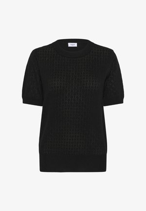 Pull en tricot noir à manches courtes avec un motif en losange, col rond et bords-côtes aux poignets et à l'ourlet. Texture légère.