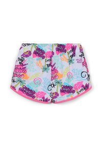 Costumi da bagno colorati con un motivo graffiti in rosa, viola e giallo su uno sfondo azzurro chiaro, con una vita rosa.