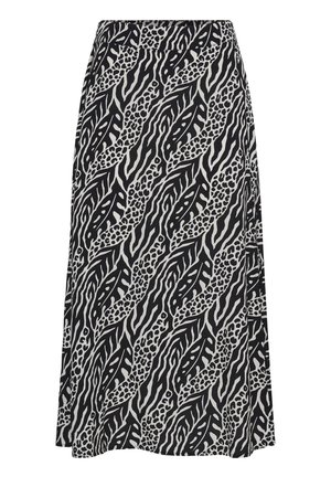 Jupe midi à motifs noir et blanc avec un imprimé animal abstrait et des formes ressemblant à des feuilles, dotée d'une taille cintrée et d'une légère évasement à l'ourlet.