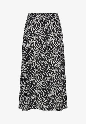 Fustă midi alb-negru cu model în imprimeu abstract de animale și forme asemănătoare frunzelor, având o talie fixă și o ușoară evazare la tiv.