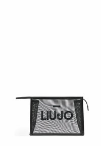 Črn mrežasti kozmetični etui z zadrgo, ki na sprednji strani vsebuje izstopajoč logotip "LIU.JO". Gladka tekstura in pravokotna oblika.