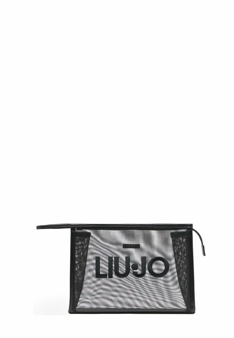 Črn mrežasti kozmetični etui z zadrgo, ki na sprednji strani vsebuje izstopajoč logotip "LIU.JO". Gladka tekstura in pravokotna oblika.