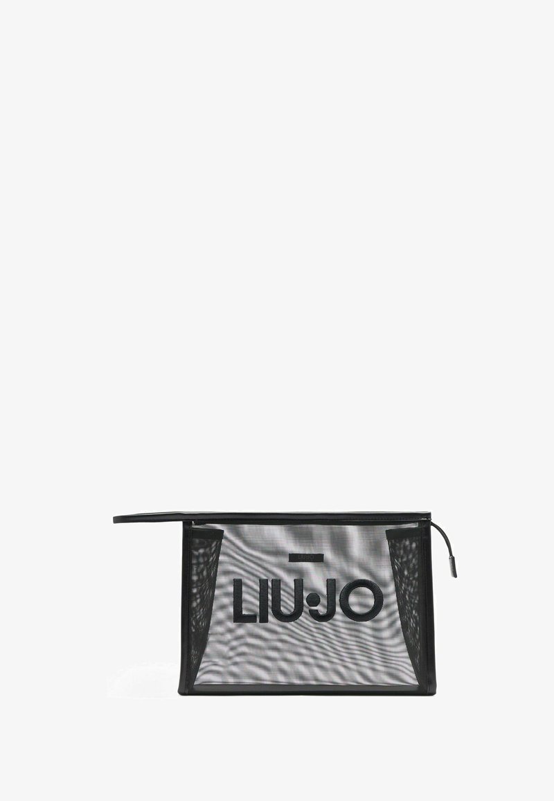 Črn mrežasti kozmetični etui z zadrgo, ki na sprednji strani vsebuje izstopajoč logotip "LIU.JO". Gladka tekstura in pravokotna oblika.
