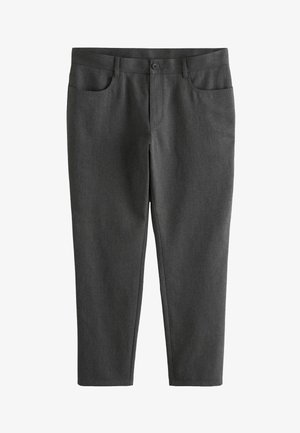 Tmavošedé slim-fit nohavice vyrobené z textúrovanej tkaniny, so zapínaním na gombík, pútka na opasok a štyrmi vreckami.