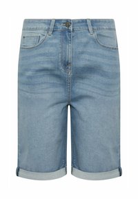 Pantalones cortos de mezclilla en azul claro con un aspecto desvanecido, diseño estándar de cinco bolsillos, puños enrollados y un cierre de botón único en la cintura.