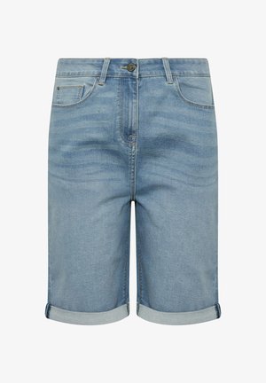 Jasnoniebieskie szorty dżinsowe o wyblakłym wyglądzie, standardowy pięciokieszeniowy krój, z podwiniętymi mankietami i pojedynczym zapięciem na guzik w talii.
