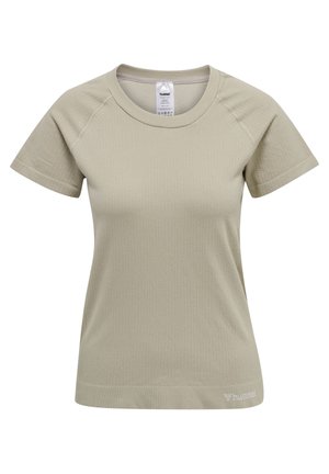 Kaki t-shirt med kort ärm och rund halsringning, texturerad tyg och en diskret logotyp på den nedre sömmen. Mjuk material, avslappnad design.