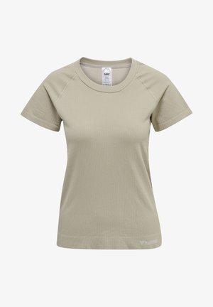 Khaki t-shirt met korte mouwen en een ronde hals, van textuurstof, met een discreet logo op de onderste zoom. Zacht materiaal, casual ontwerp.