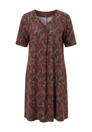 Robe à manches courtes, longueur au genou, avec un fond bordeaux et un imprimé girafe vert, avec un col en V et une coupe décontractée.