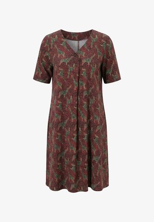 Vestito a manica corta, lunghezza al ginocchio, con sfondo bordeaux e stampa di giraffe verdi, con scollo a V e vestibilità comoda.