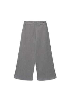 Pantaloni grigi a gamba larga con un sottile motivo a spina di pesce, vita elastica, tasche laterali e un piccolo fiocco decorativo in metallo vicino alla vita.