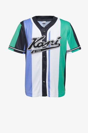 Short-sleeve button-up baseball jersey with vertical stripes in blue, white, green, and black, featuring "Kani est. 1989" logo on front.