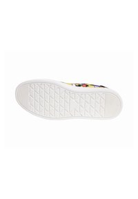 White rubber sole with diamond tread pattern. Features a colorful upper with abstract geometric design and multi-color accents.