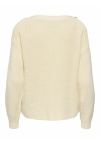 Pull tricoté couleur crème à manches longues, poignets côtelés et motif texturé, vu de dos.