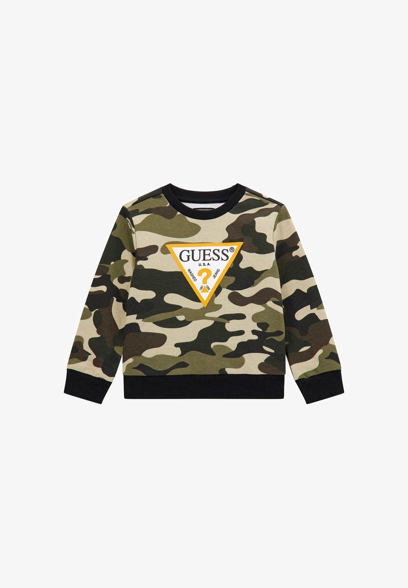 Mikina s camo vzorom v odtieňoch zelenej a béžovej, so bielym a žltým trojuholníkovým logom v strede a čiernymi rebrovanými manžetami.