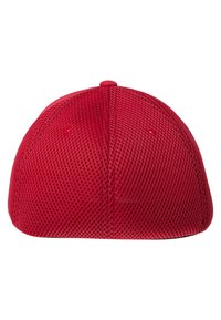 Red mesh cap with a structured crown and rounded shape. Features a solid red base, ventilation holes, and a central button on top.