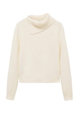 Kremowy sweter z długim rękawem, dzianinowy, z szerokim, prążkowanym asymetrycznym kołnierzem i lekko skróconym dołem.