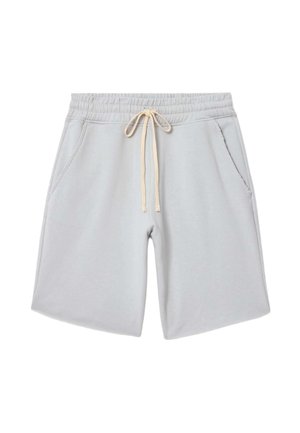 Shorts en coton gris clair avec ceinture élastique et cordon beige, dotés de poches latérales et d'une coupe décontractée.