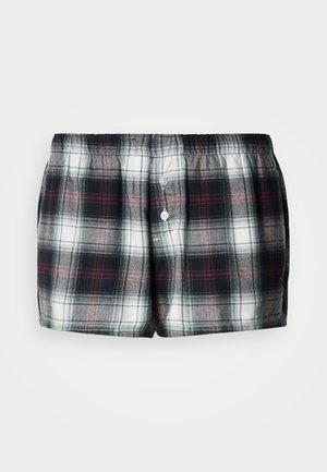 Raibās rūtainas bokseršorti tumši zilā, baltā un sarkanā krāsu shēmā; ar elastīgu jostu un divu pogu aizdari kroku vietā.