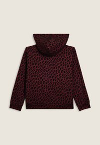 Sudadera burdeos con estampado de leopardo negro. Cuenta con capucha con cordón y puños acanalados, hecha de una tela suave. Diseño de corte clásico.