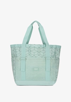 Light mint green tote bag with geometric pattern, made of durable material, features dual handles and a structured shape, ideal for everyday use.