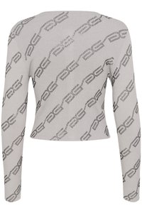 Gray, long-sleeve, cropped knit sweater with a repeating black logo pattern. Textured fabric and scoop neckline add detail.