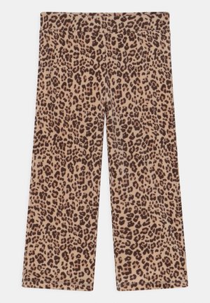 Bukser med vide ben med beige og mørkebrunt leopardmønster, elastisk taljebånd og kort længde.